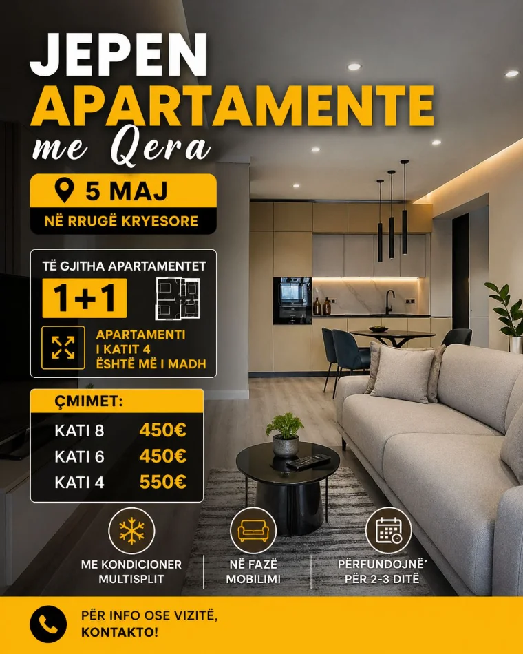 🏢 JEPEN  3 APARTAMENTE ME QERA SUPER MOBILIM FRINGO I RI  – 5 MAJI, pallat i ri me ashensor