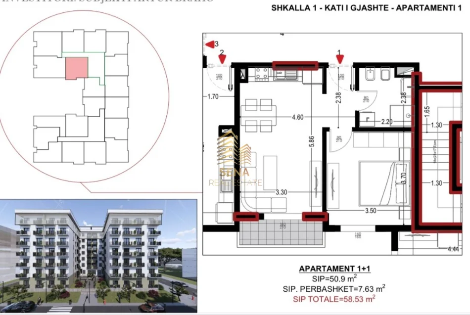 Kavaje, shitet apartament 1+1+Ballkon Kati 6, 58 m² 70.300 € (Golem)