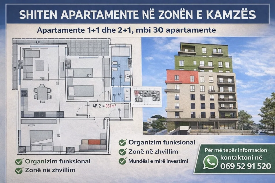 SHITEN APARTAMENTE KLERINGU! 1+1 (62-75m²) dhe 2+1 (85-111m²) MUNDËSI ZGJEDHJE POZICIONI DHE KATI si dhe GARAZHE + NJËSI BIZNESI (Kamëz)