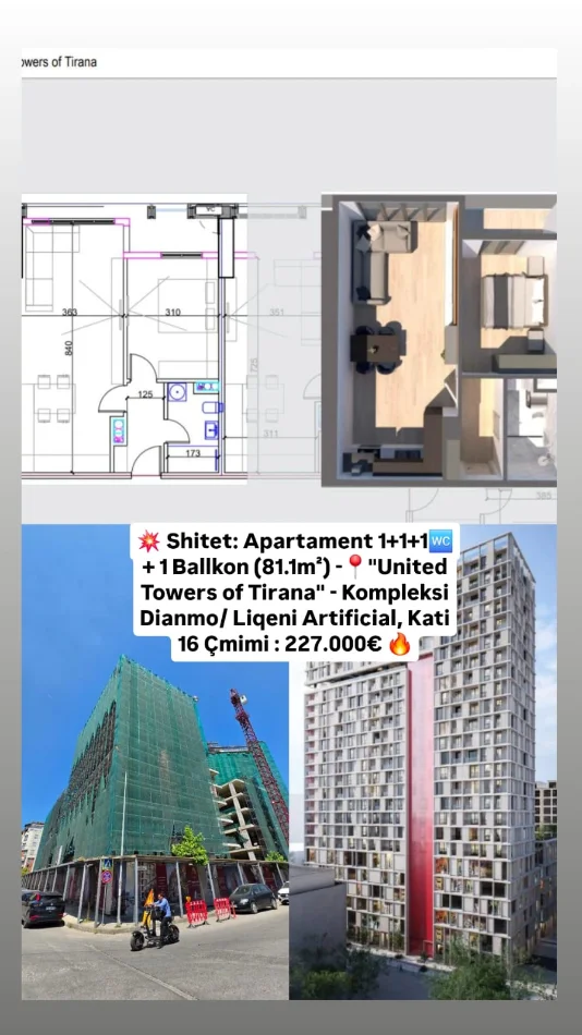 💥 Shitet: Apartament 1+1+1🚾+ 1 Ballkon (81.1m²) -📍