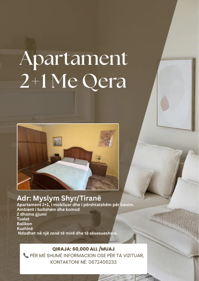 Tirane, jepet me qera apartament 2+1 Kati 3, 77 m² 60.000 € (Rruga myslym shyri)