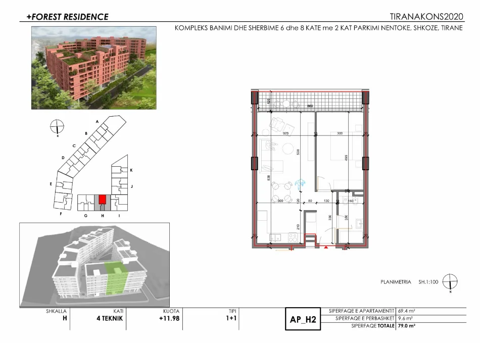 Tirane, shitet 1+1+Ballkon Kati 4, 79 m²  dhe 2+1+Ballkon 110 m2 +Forest Residence  vetem 126,580 leke m2 Jug-Lindje