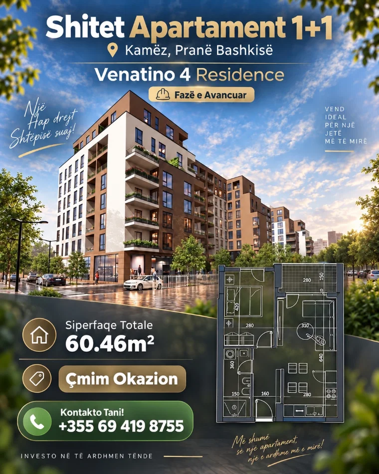 Tirane, shitet apartament 1+1+Ballkon , 60 m² 50.500 € (Kamez, Prane Bashkise)