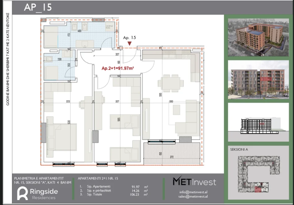 Tirane, shitet apartament 2+1+Aneks+Ballkon Kati 4, 105 m² 116.798 € (paskuqan tek ringside residence)