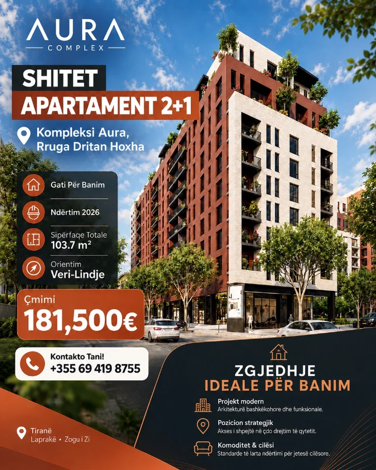 Tirane, shitet apartament 2+1+Ballkon , 104 m² 181.500 € (Aura Complex, Rruga Dritan Hoxha)