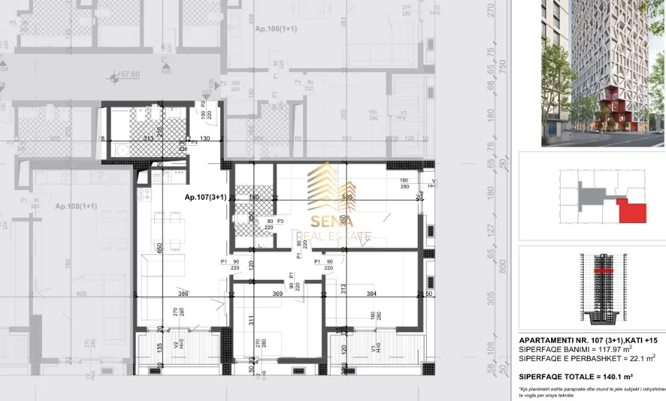 Tirane, shitet apartament 3+1+Ballkon Kati 15, 140 m² 308.000 € (Xhamllik)
