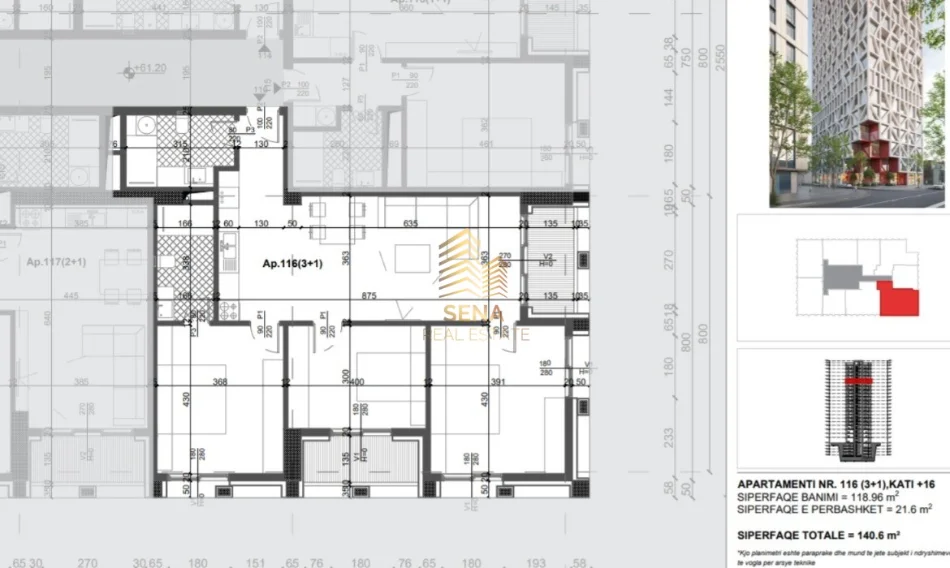Tirane, shitet apartament 3+1+Ballkon Kati 16, 140 m² 308.200 € (Xhamllik, Filigree Tower)