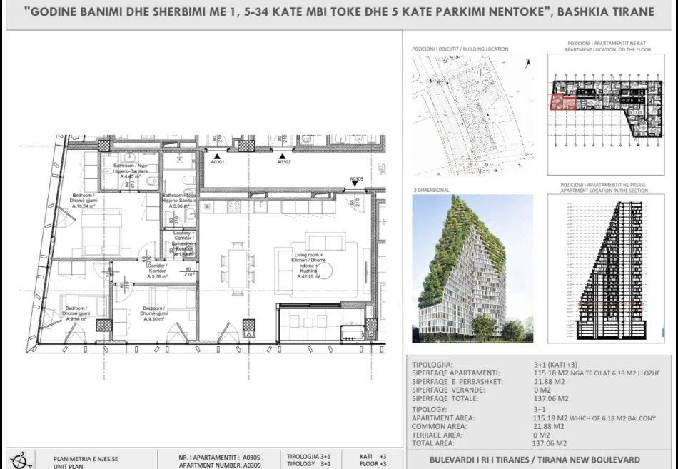 Tirane, shitet apartament 3+1 Kati 3, 137 m² (Lion Residence 3, Tiranë)