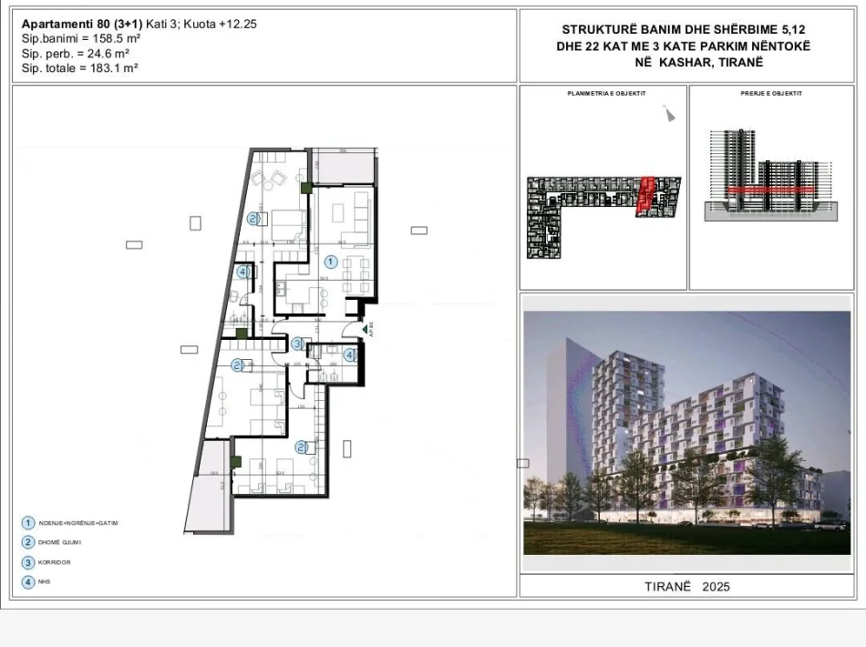 Tirane, shitet apartament 3+1 Kati 3, 183 m² (Astir)