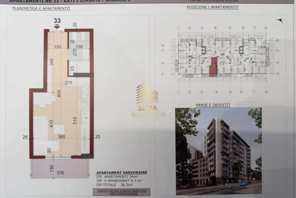 Tirane, shitet garsonier 1+1 Kati 6, 38 m² 83.000 € (Kinostudio)