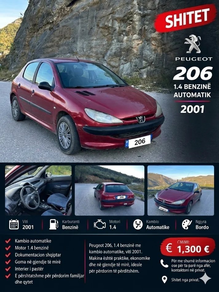 Tirane, shitet makine Peugeot Benzin, e kuqe automatik 150.000 km 1.300 €