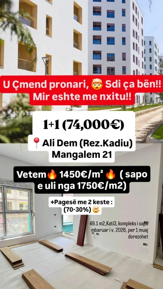 🚨U Çmend Pronari, s'di cfare bene 😵 2+1📍Ali Dem (Rez.Kadiu) - 🔥Vetem 1450€/m² nga 1750€/m²🔥 ME KESTE (74,000€ )